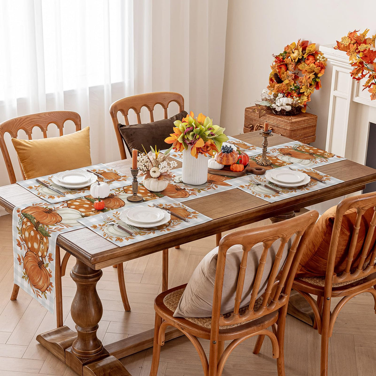 Romanstile Pumpkin Leaves Fall Table Runner, Buffalo Plaid Autumn Thanksgiving Harvest Farmhouse Style Table Decoration for Dining, Party, Holiday - 13x72 Inch, Grey Blue Romanstile