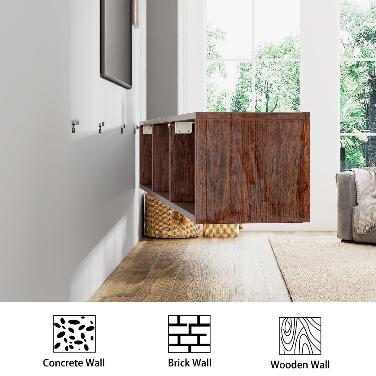 LUXOAK 70" Wall Mounted High Gloss Floating TV Stand with LED Lights & Charging Station,Media Entertainment Center for TVs Up to 80", Modern Woodgrain Floating TV Console for Living Room, Espresso LUXOAK