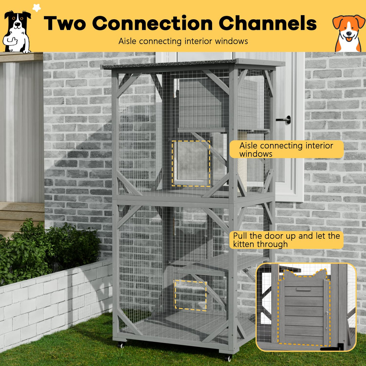 OFIKA Outdoor Catio Cat Enclosure with Waterproof Roof,Platforms,Upgraded Resting Box, 70.4’’cat Houses & Condos on Wheels for Outdoor Patio,Cat Window Box,Scratching Post(Grey) OFIKA