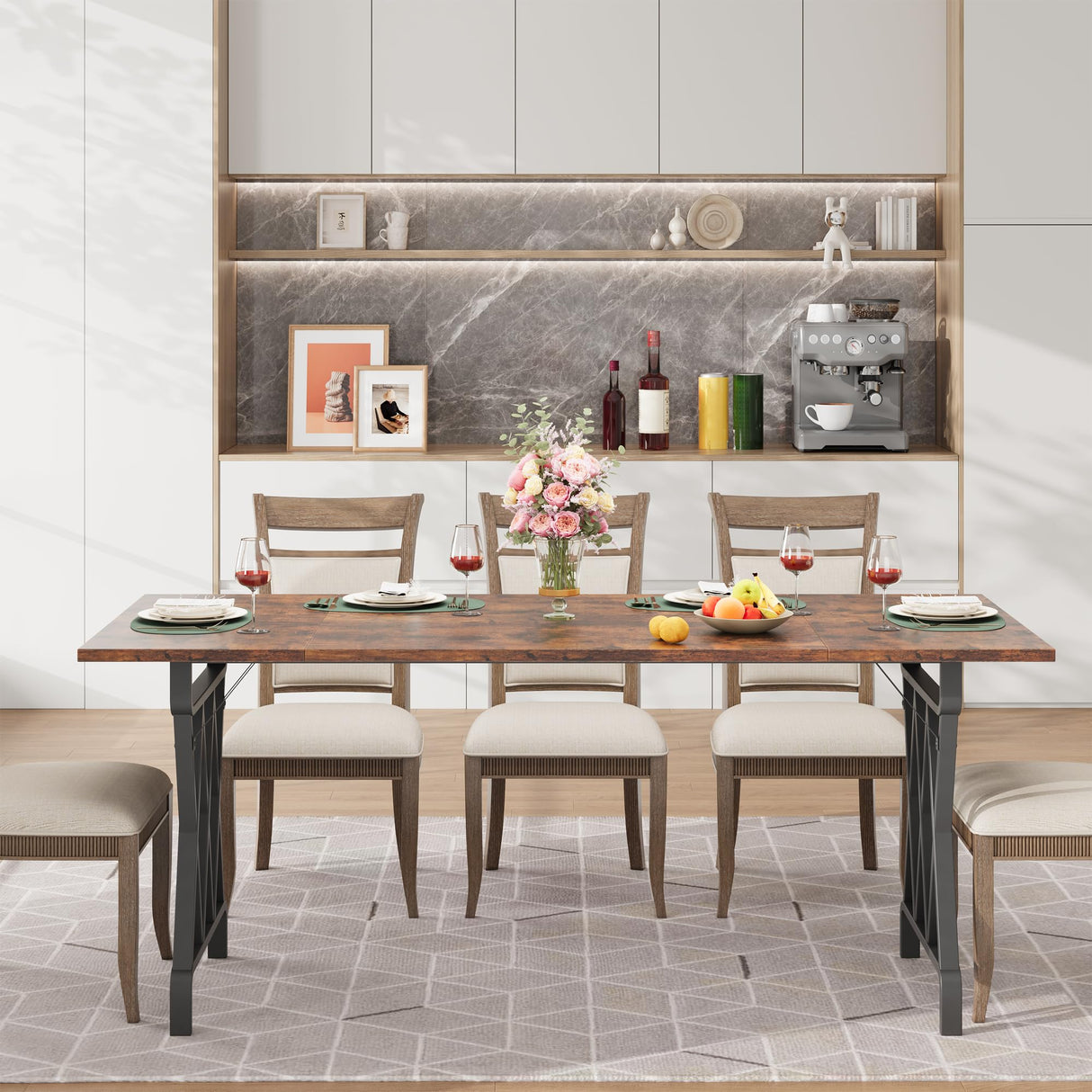 IDEALHOUSE Rectangular Dining Table, 70.9-Inch Long Dining Table for 6 People, Farmhouse Rustic Kitchen Table with Heavy Duty Metal Legs for Dining Room IDEALHOUSE