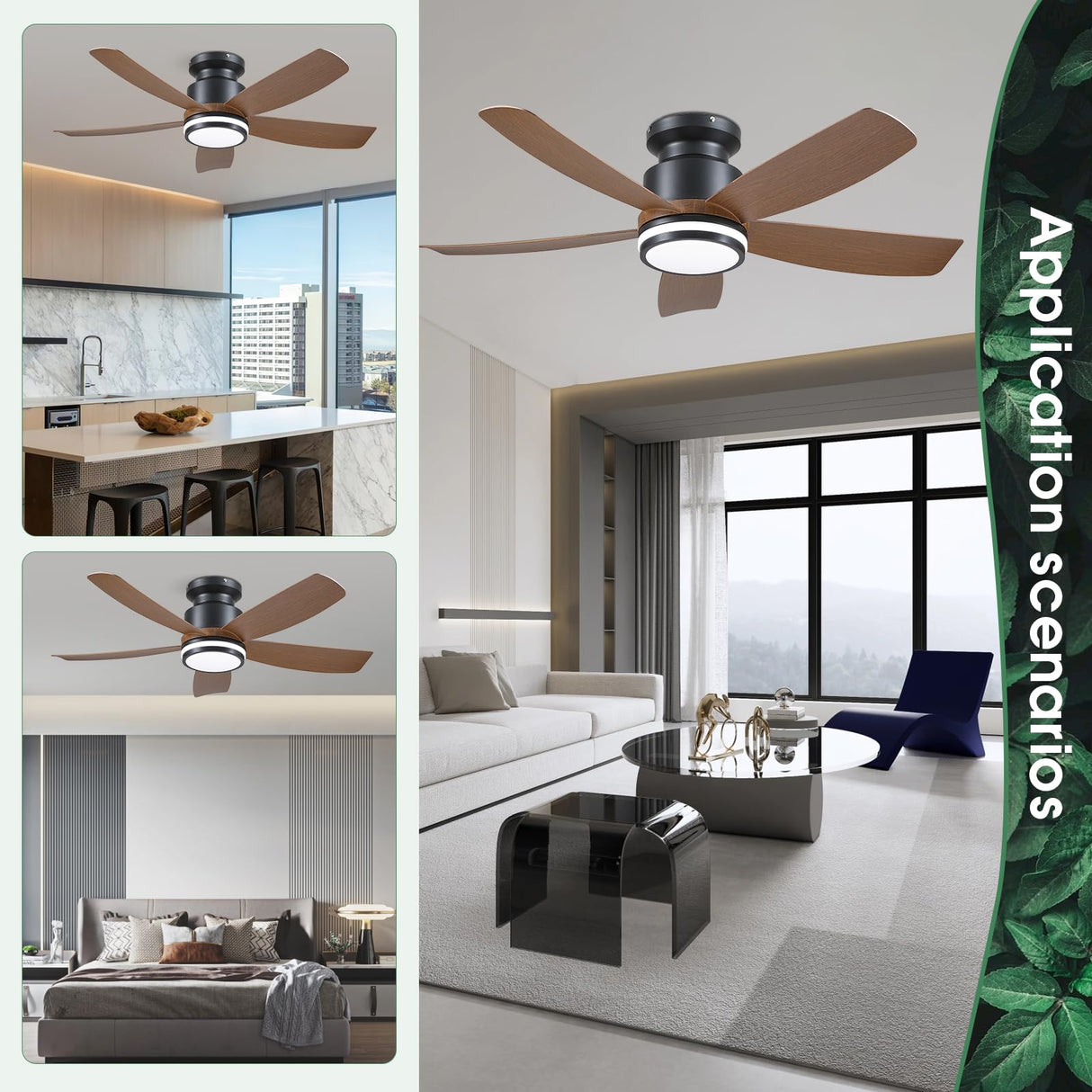 Ceiling Fans with Lights and Remote/APP Control, 41 inch Low Profile Flush Mount Ceiling Fan with Lights, LED Dimmable 5 Reversible Curved Blades 3 CCT 6 Speeds for Bedroom Living Room, Wood Wiviniya
