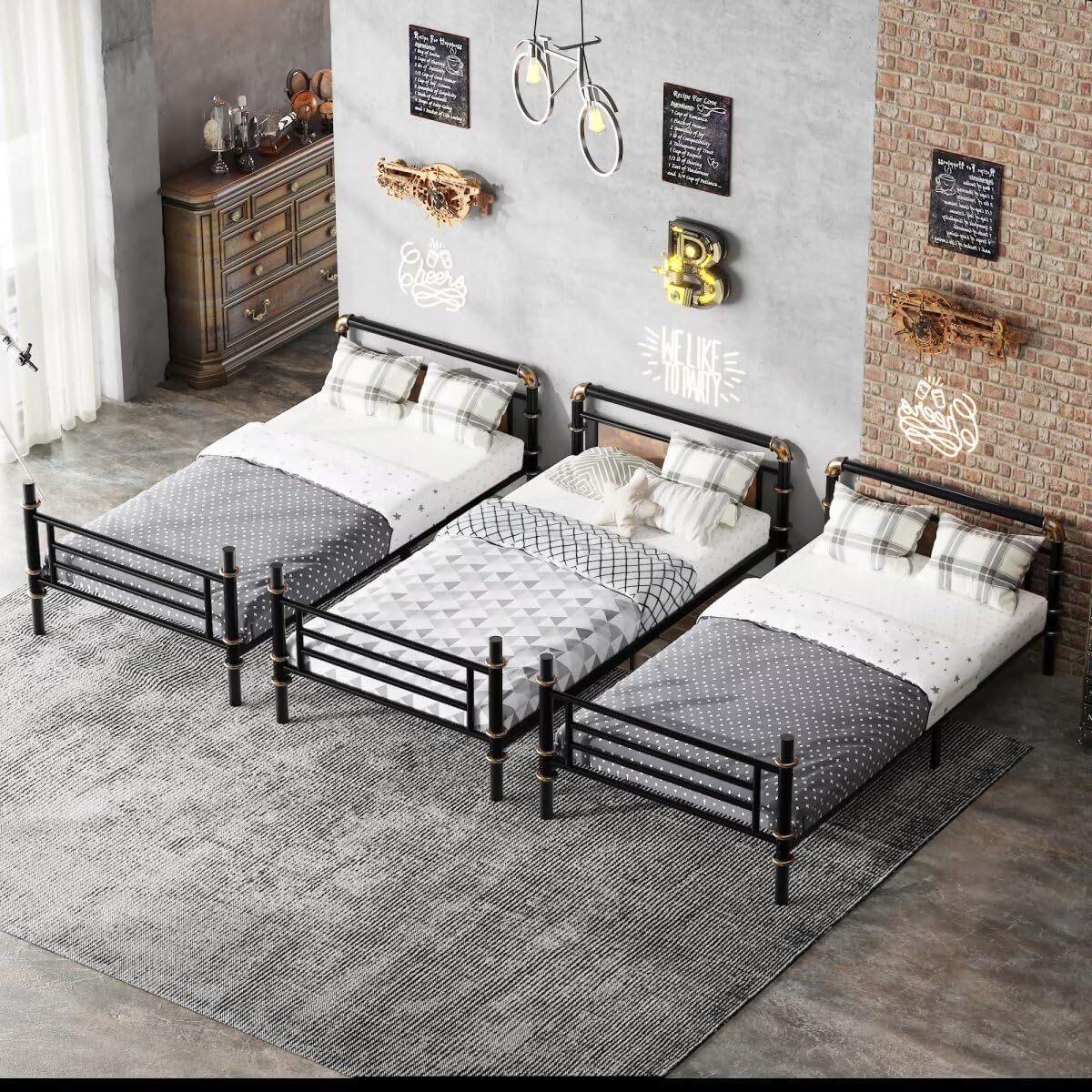 JIJIWANG Quad Bunk Bed for 4 Kids, Heavy Duty Metal Twin Bunk Bed Frame, Detachable Triple Bunk Bed, Can Be Divided Into 3 Twin Beds, Black JIJIWANG