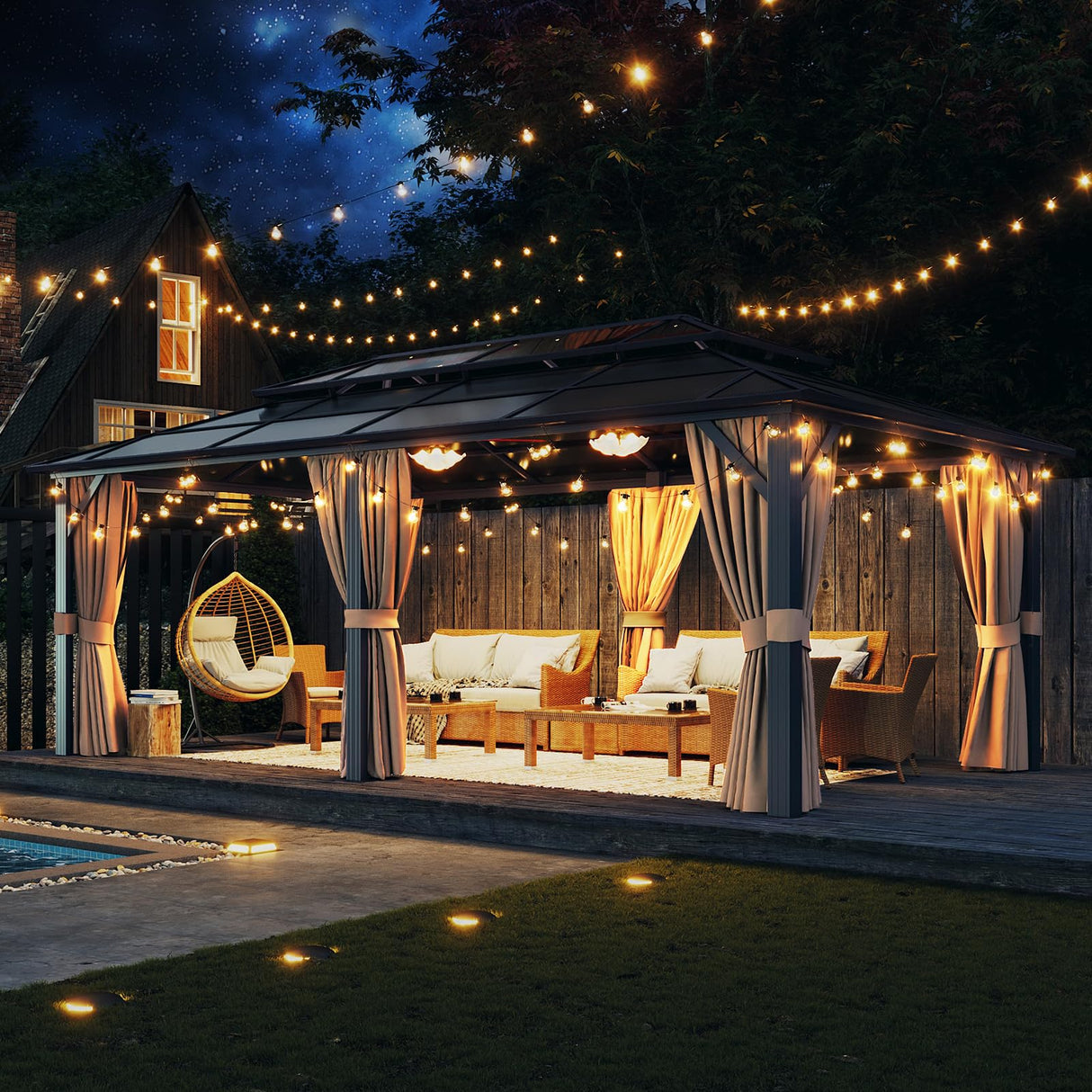 Aoxun 12'x20' Hardtop Gazebo, Aluminum Frame Permanent Pavilion with Curtains and Netting, Outdoor Polycarbonate Double Roof Canopy, Designed for Garden, Lawns, Patio Aoxun