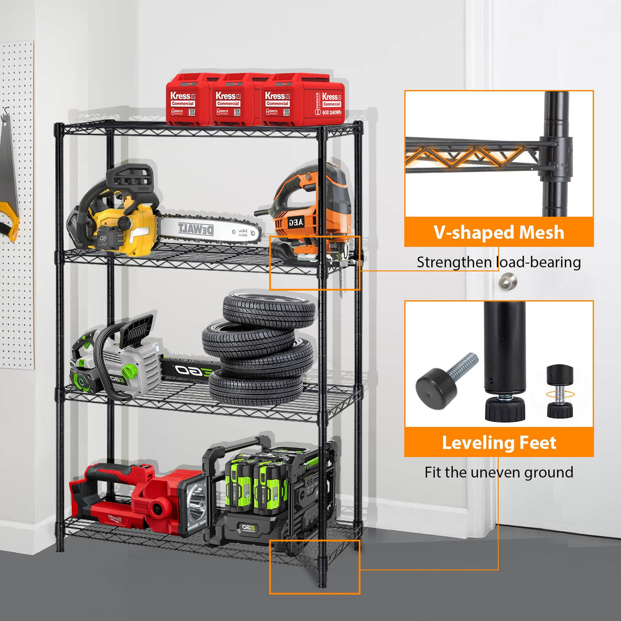 Ckofgdsue 4 Tier 54" H Metal Storage Shelves Heavy Duty Adjustable,1000Lbs Capacity Wire Storage Shelfs Organizer,Garage Shelving Unit for Pantry Kitchen Laundry, Black Wire Rack Ckofgdsue