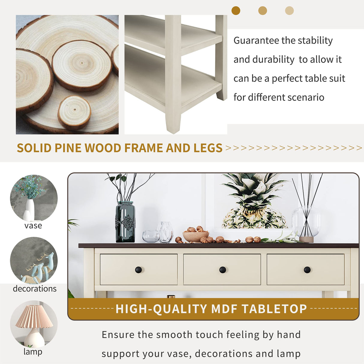 Rustic Console Table, 50In Long Console Table Sofa Table with 3 Drawer and 2-Tier Open Storage Shelf, Console Table for Living Room, Hallway Beige//W+e RUNNA