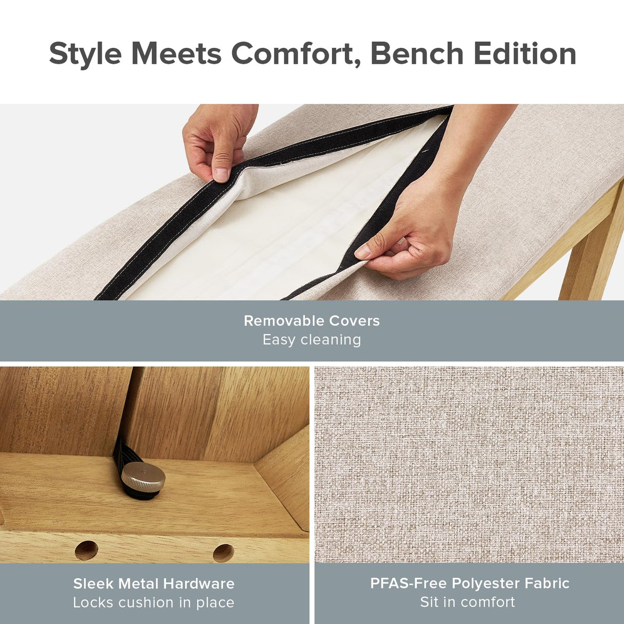 mopio Logan 6 Piece 6 Seater Upholstered Dining Table Set, Modern Farmhouse Solid Wood 6 Piece 91" Extendable Dining Table Set for Dining Room Kitchen with 4 Chairs & 64" Bench mopio