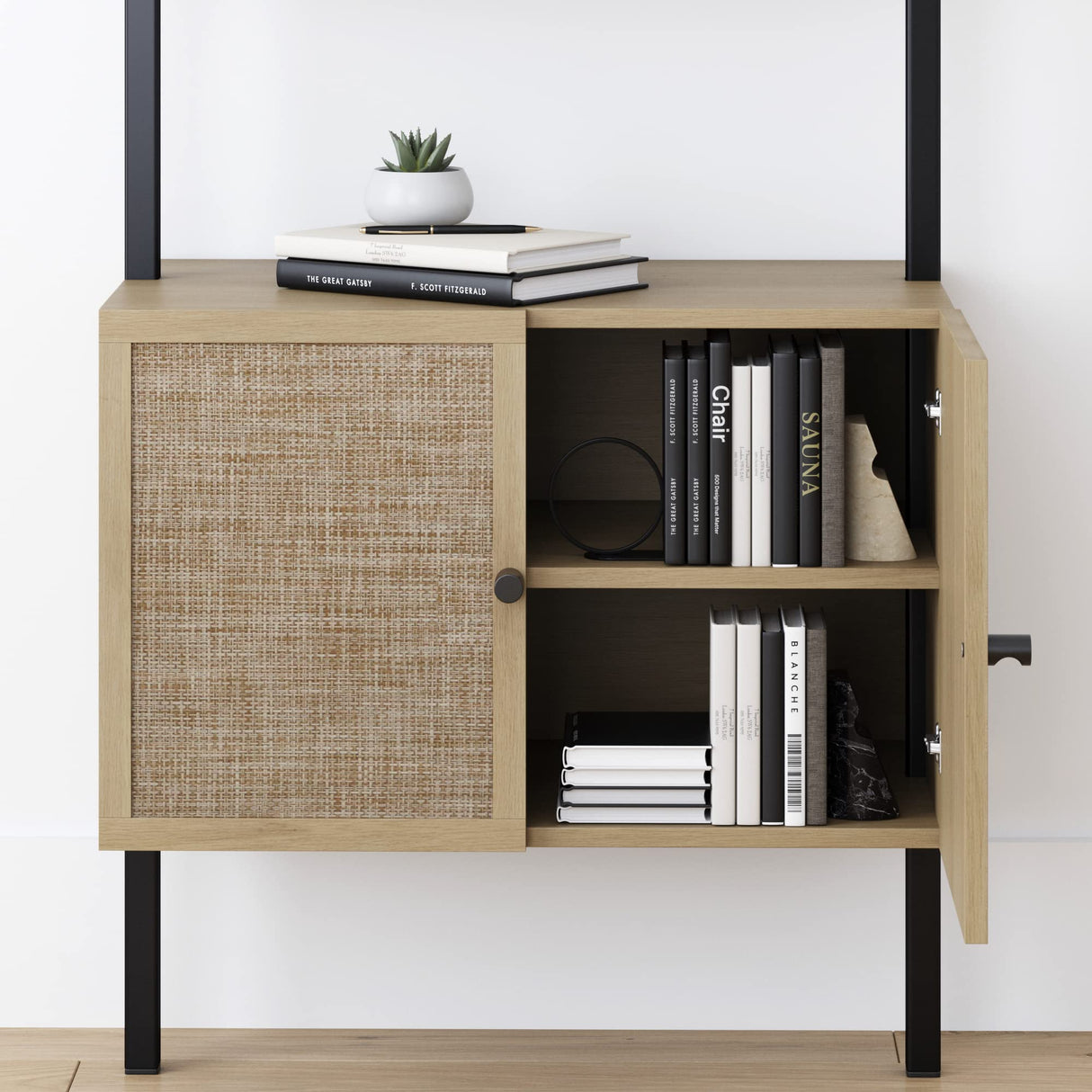 Nathan James Theo Ladder 3 tier Open Bookshelf with Rattan Drawers and Matte Steel Frame, Light Oak/Black Nathan James