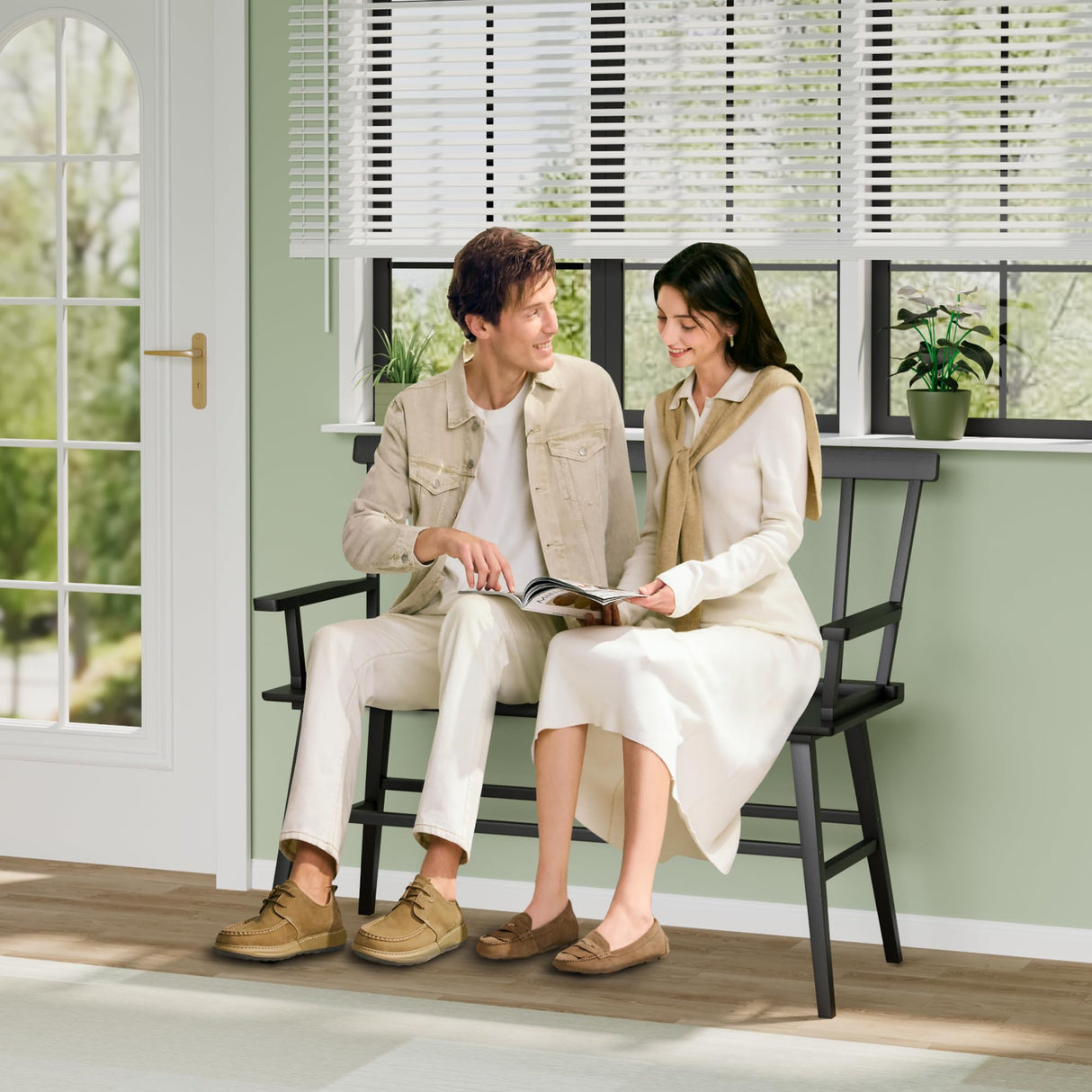 APRTAT Bamboo Entryway Bench, Farmhouse Dining Bench with Spindle Back & Armrest 3 Person Indoor Bench Chair Wood Windsor Bench Durable Easy Assembly for Foyer Balcony Hallway Living Room (Black) APRTAT