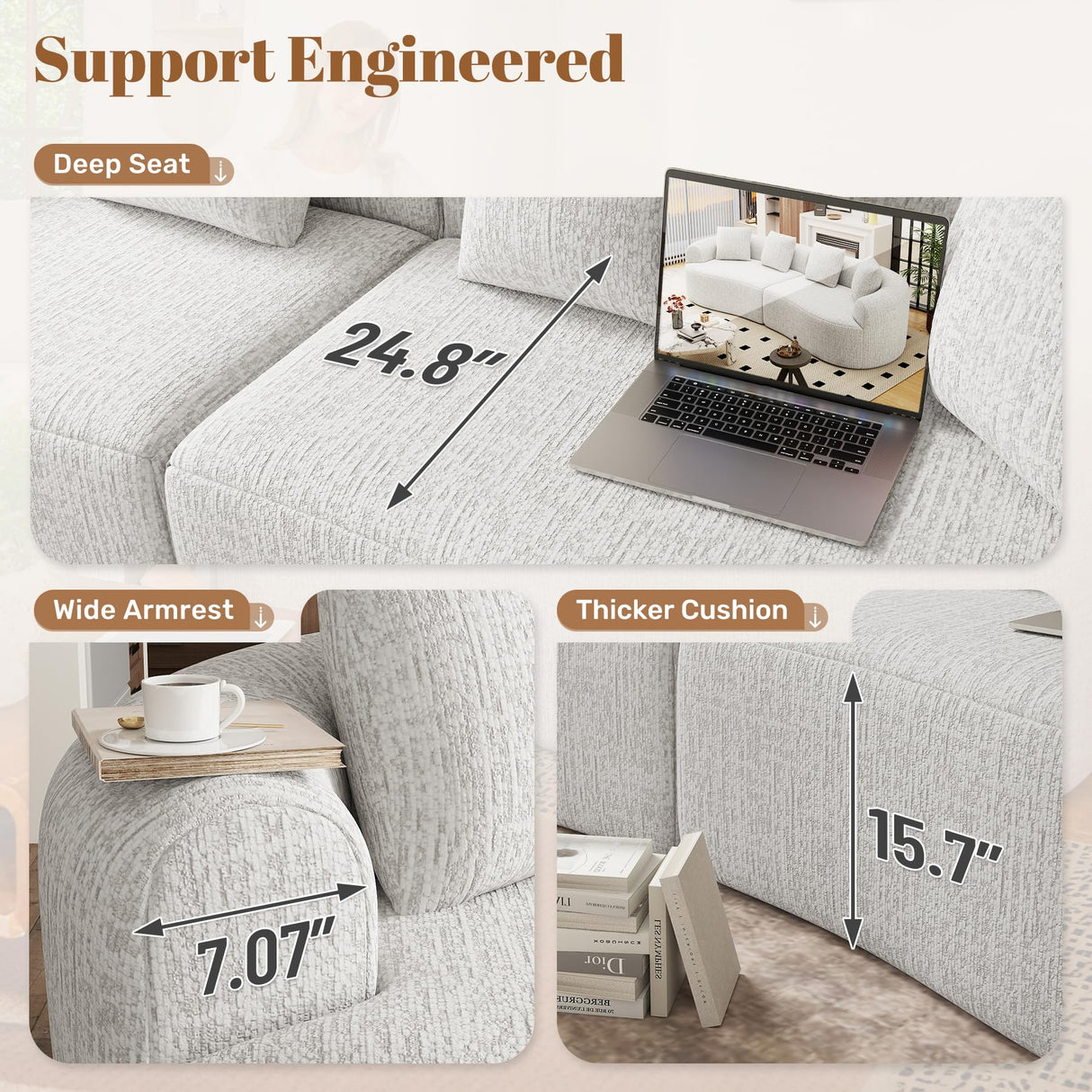 110" Modular Sectional Sofa for Living Room,4 Seater Cloud Couch with 4 Pillows - Boneless Curved Sofa Couch, No Assembly Required,1 Beige Luxanimarion