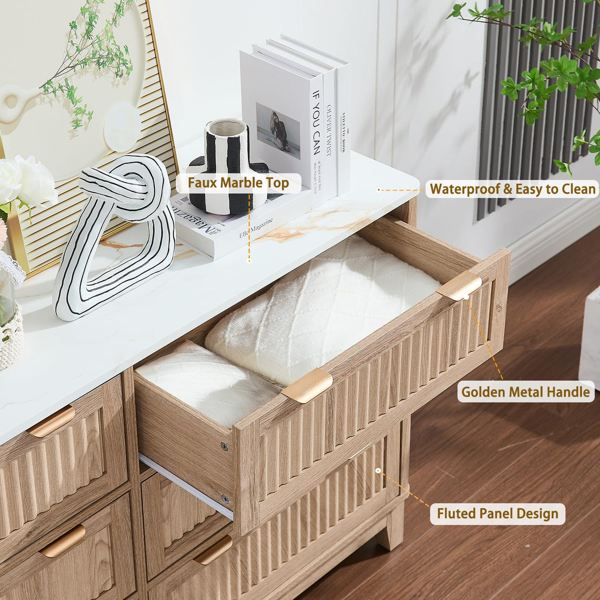 6 Drawers Dresser for Bedroom, 54" Large Storage Dresser, Farmhouse Wood Dressers with Faux Marble Top, Modern Dressers & Chests of Drawers for Living Room Entryway, Fluted Curved Profile, Natural Oak GIAJORYA