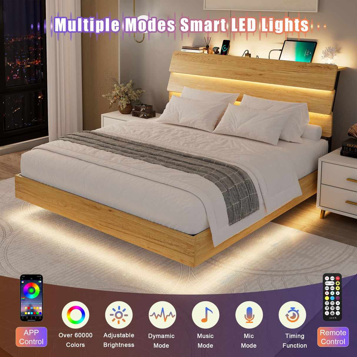 Feonase Floating Bed Frame Queen with Led Lights and Charging Station, Wood Full Size Bed Frame with Storage Headboard, Heavy Duty Metal Slats, No Box Spring Needed, Easy Assembly,Oak Feonase