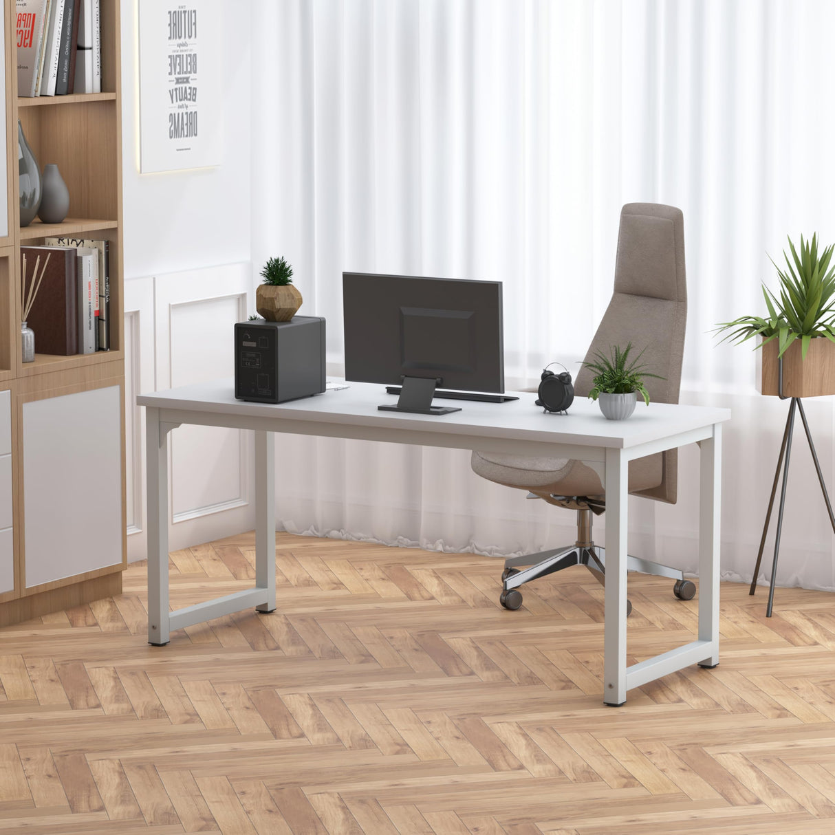 NSdirect Large Office Desk for Home Office, Large 63" Computer Desk Table, Wide Writing Study Desk for 2 Person, Metal Sturdy Frame Thicker Steel Legs, (White, 62.6" L x 22.8" W x 28.7" H) NSdirect