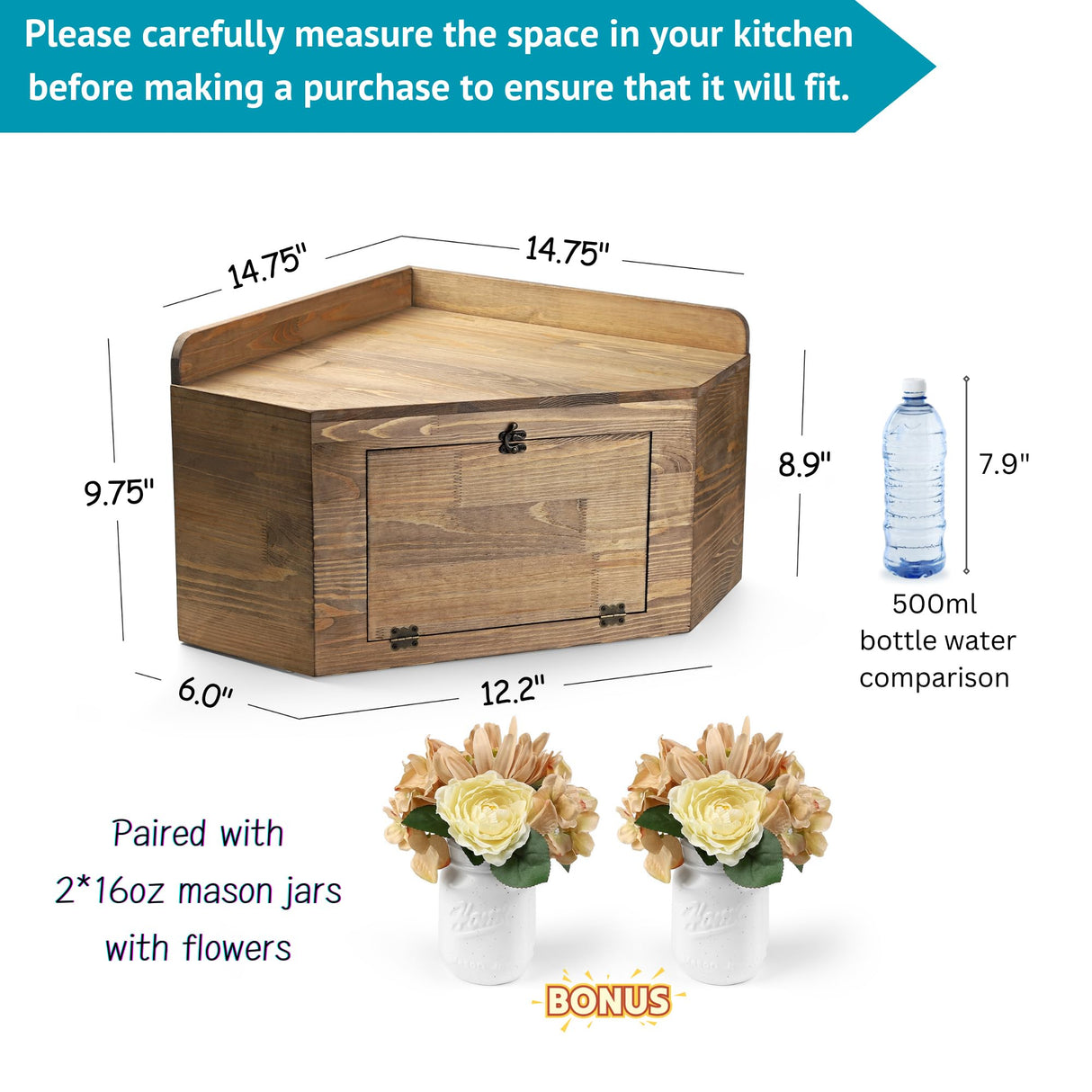 Besuerte Corner Bread Box, Farmhouse Bread Box For Kitchen Countertop, Vintage Bread Box, Bread Organizer Containers Storage Keeper Includes 2x16oz Mason Jars with Flowers (Large,Nut Bown) Besuerte
