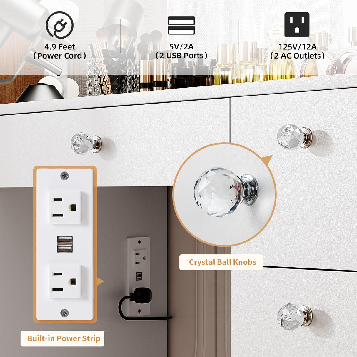 VOWNER Vanity with Lighted Mirror - Makeup Vanity Desk with Power Outlet and 7 Drawers, 3 Color Lighting Modes Adjustable Brightness, 44" Vanity Table with Soft Cushioned Stool for Women Girls, Marble VOWNER