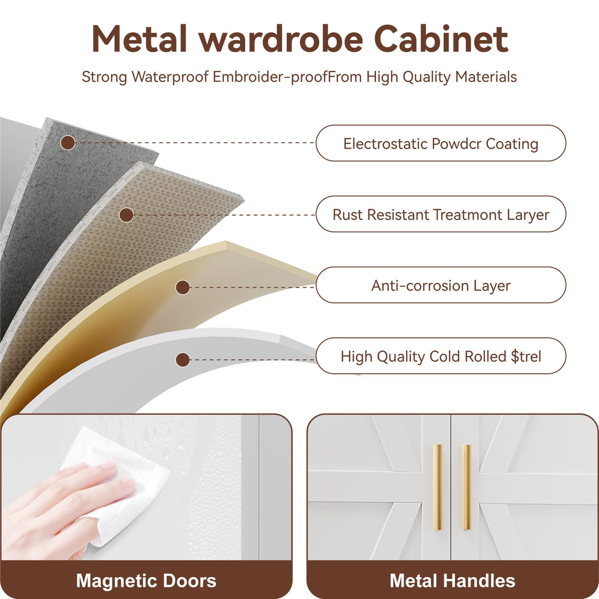 YAUWOH Farmhouse Wardrobe Cabinet with 2 Drawers,Metal Wardrobe Closet with Hanging Rod,Metal Armoire with Adjustable Shelves for Bedroom,Living Room, Cloak Room,Office (White) YAUWOH