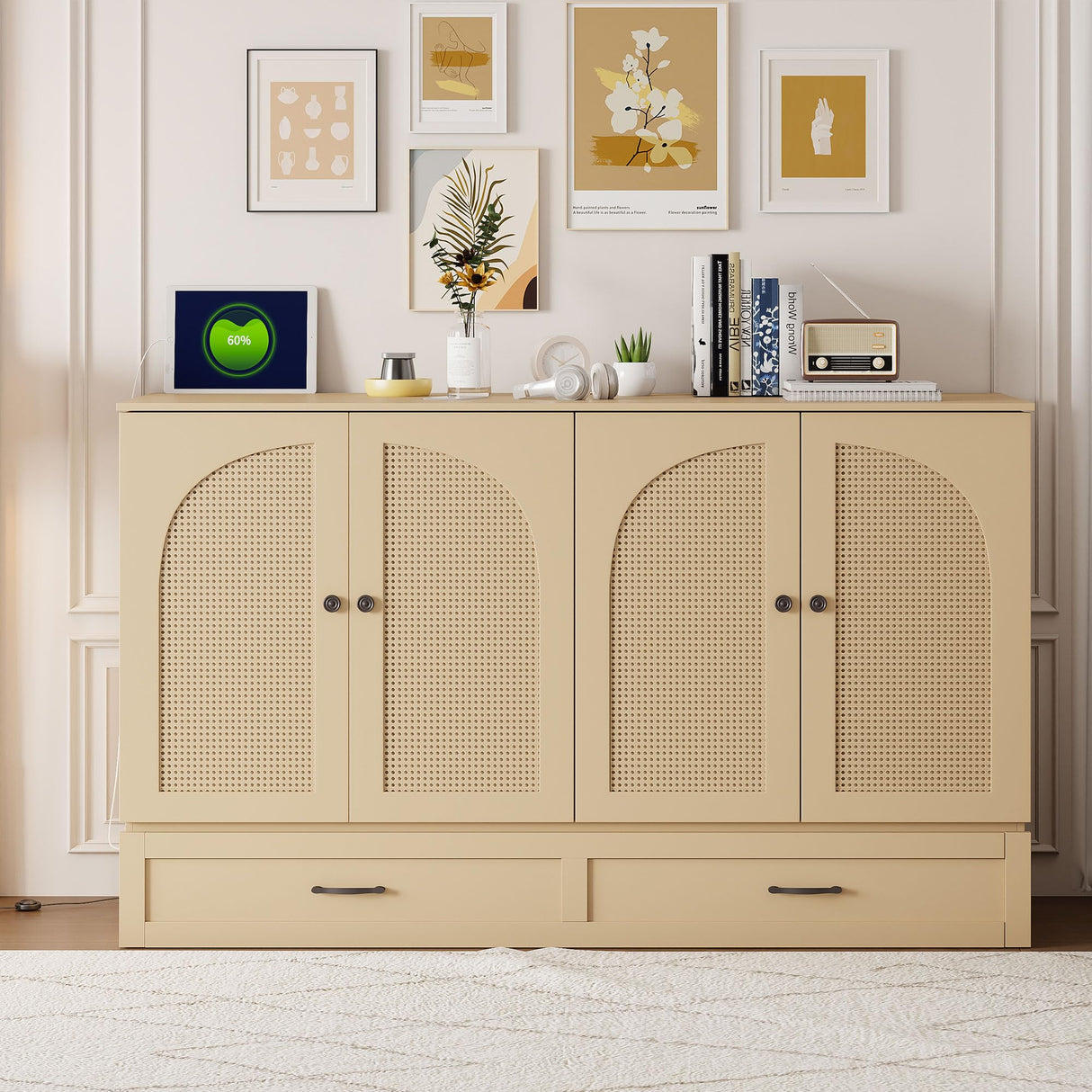 Merax Queen Size Murphy Bed Cabinet with Charging Station, Large Storage Drawer, Foldable Pull Out Murphy Chest Bed for Apartments, Bedrooms, Studio, No Spring Box Needed, Gold Merax