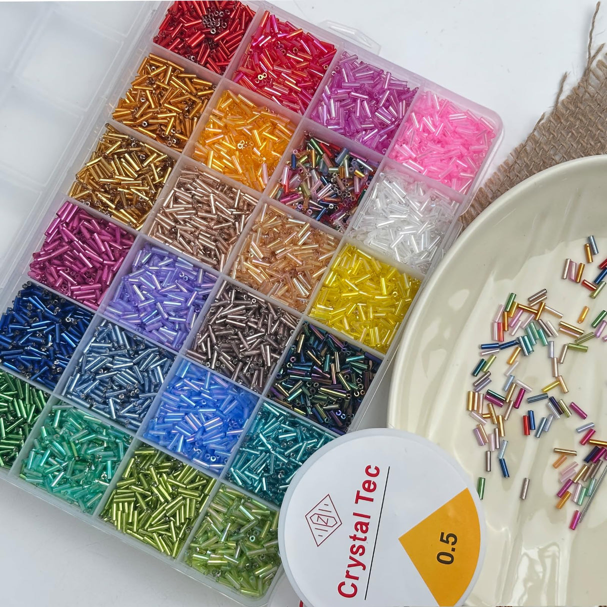 GTAAOY 9600pcs Tube Beads Kit, Glass Bugle Seed Beads for Jewelry Making, Small Craft Beads for DIY Bracelet Necklaces Craft Making with Two Crystal String (7mm/24 Colors) GTAAOY