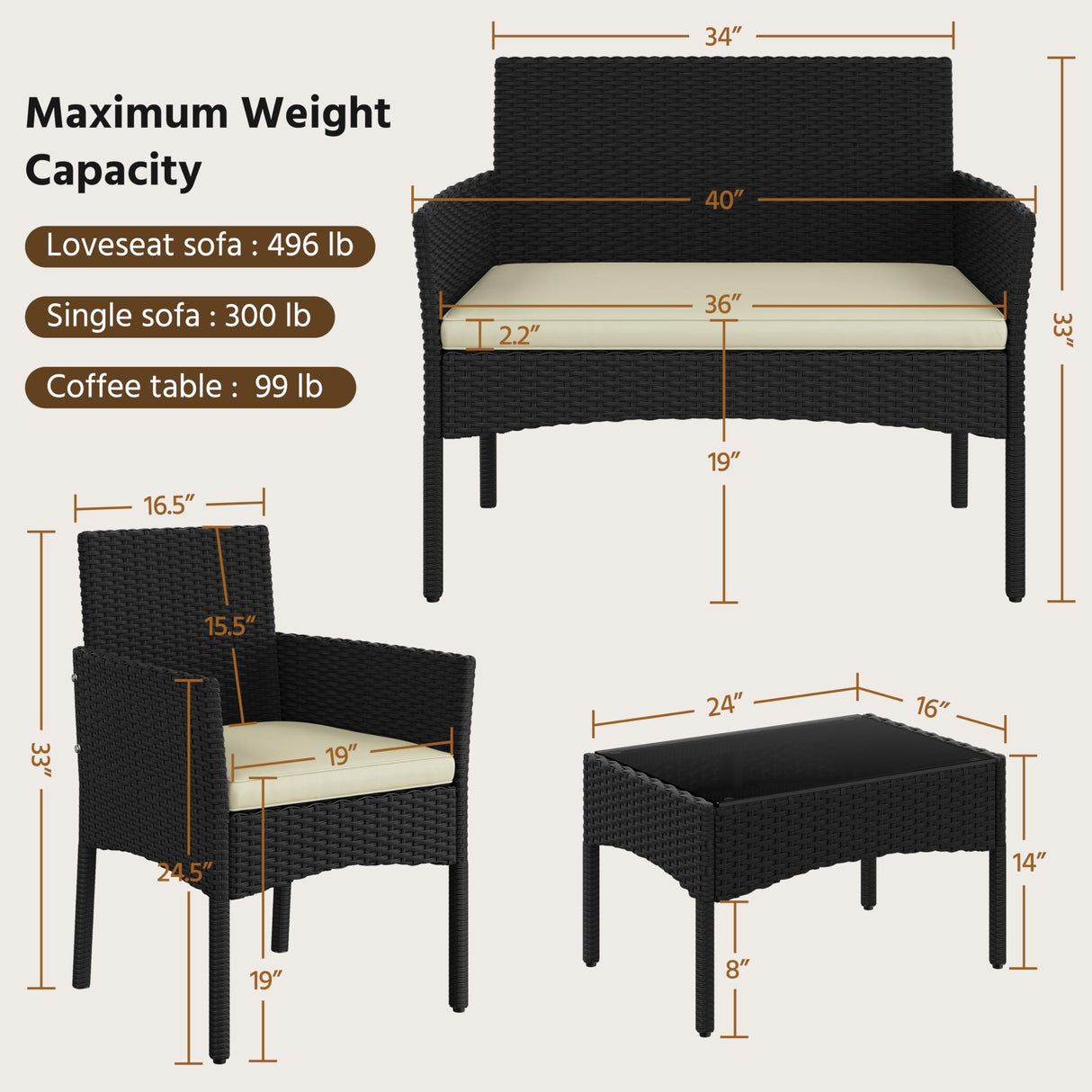 Yaheetech Patio Furniture Set 4 Pieces Conversation Sets, Rattan Chair Wicker Set Loveseat with Soft Cushion and Glass Table for Backyard Porch Garden Poolside Balcony, Black and Beige Yaheetech