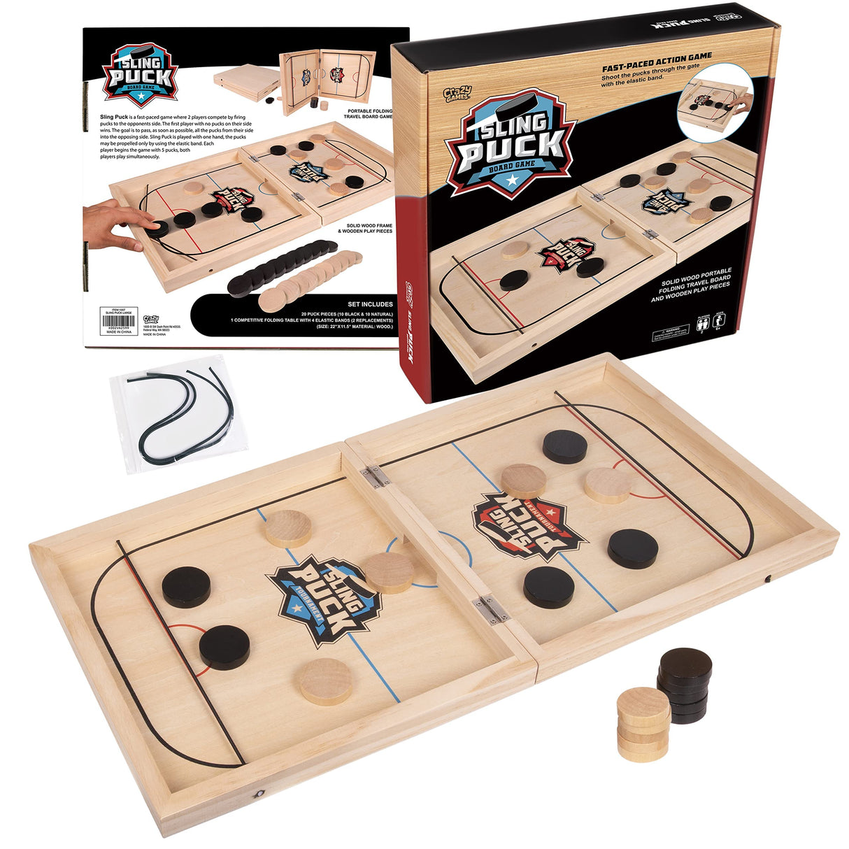 Crazy Games Fast Sling Puck Board Game I 24" Small Wooden Family Games, Table Top Hockey Game for Adults & Kids, Competitive game ideal for parties Crazy Games