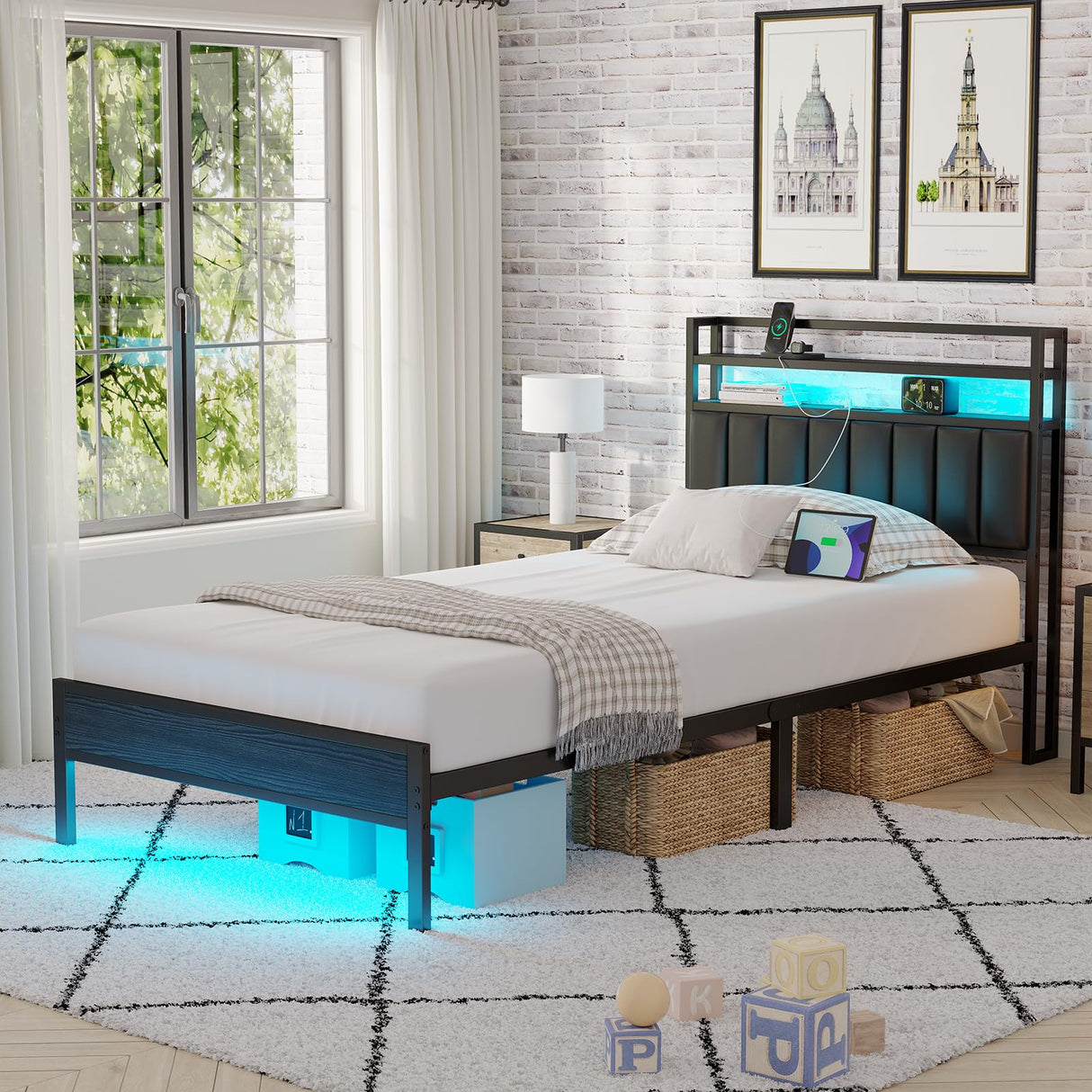CollaredEagle Twin Size Bed Frame with Headboard, Metal Bed Frame with Charging Station and LED Lights, Heavy Duty Bed with Storage Shelves,Noise Free,No Box Spring,Black CollaredEagle