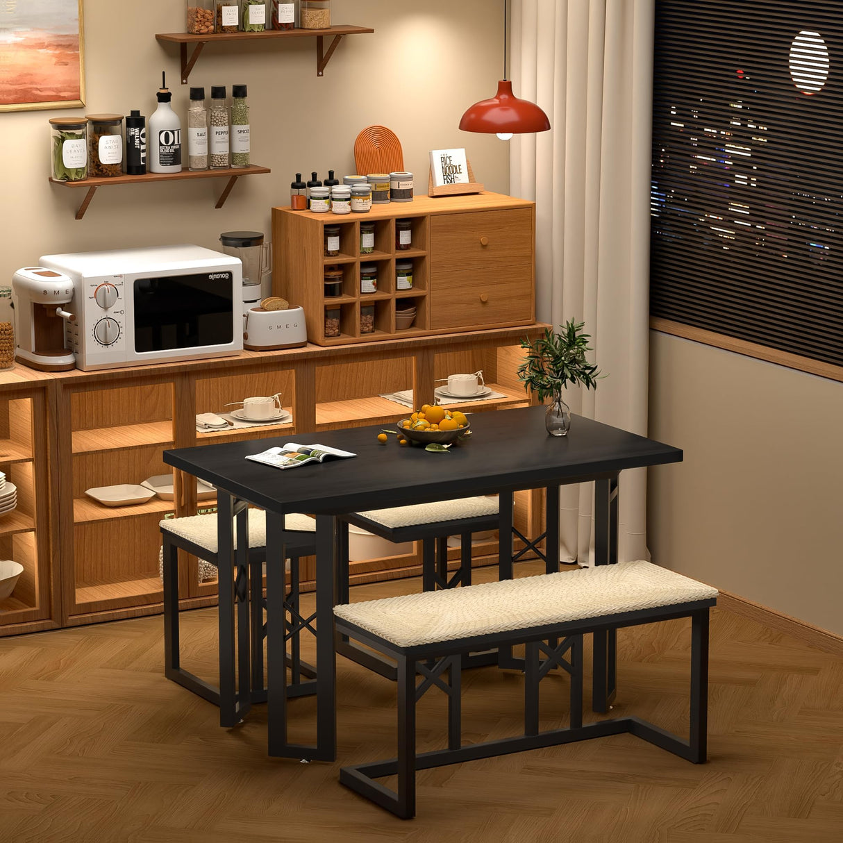 VECELO 43.3" Kitchen & Dining Table Set for 4, Rustic Farmhouse Style with 2 Benches and Wicker Cushions, Compact Metal Frame with Adjustable Foot Pads, Black VECELO