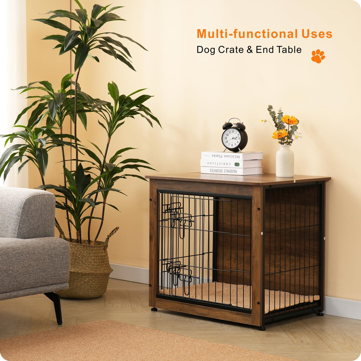 DWANTON Dog Crate Furniture with Cushion, Wooden Dog Crate with Double Doors, Dog Furniture, Dog Kennel Indoor for Small/Medium/Large Dog,End Table, Small, 27.2" L, Warm Brown Dwanton