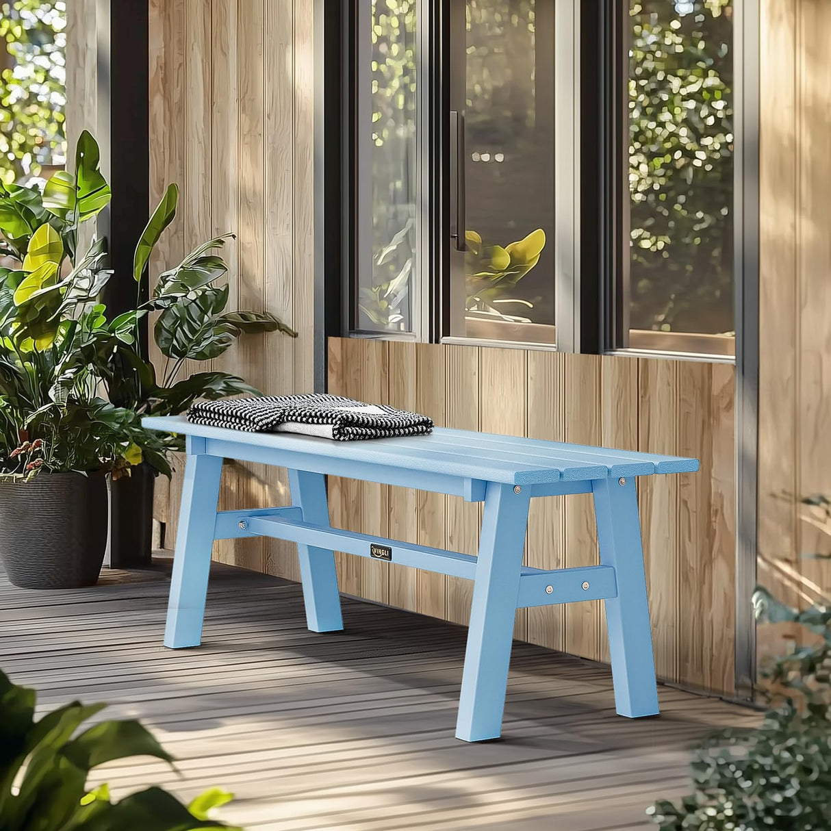 VINGLI 47” Outdoor HDPE Bench, Weatherproof Garden Bench w/Metal Legs, Poly Lumber Porch Benches, 660 LBS Capacity Outdoor Backless Patio Benches for Entryway Deck (Blue) VINGLI