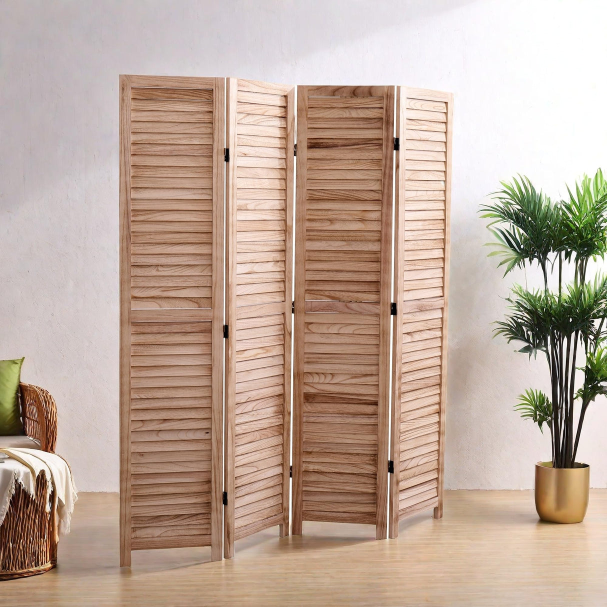 HFYee 4 Panel Solid Wood Folding Room Divider Privacy Screen Partition Room Dividers Folding Divider for Room Separation Freestanding Room Screen Divider, Natural HFYee