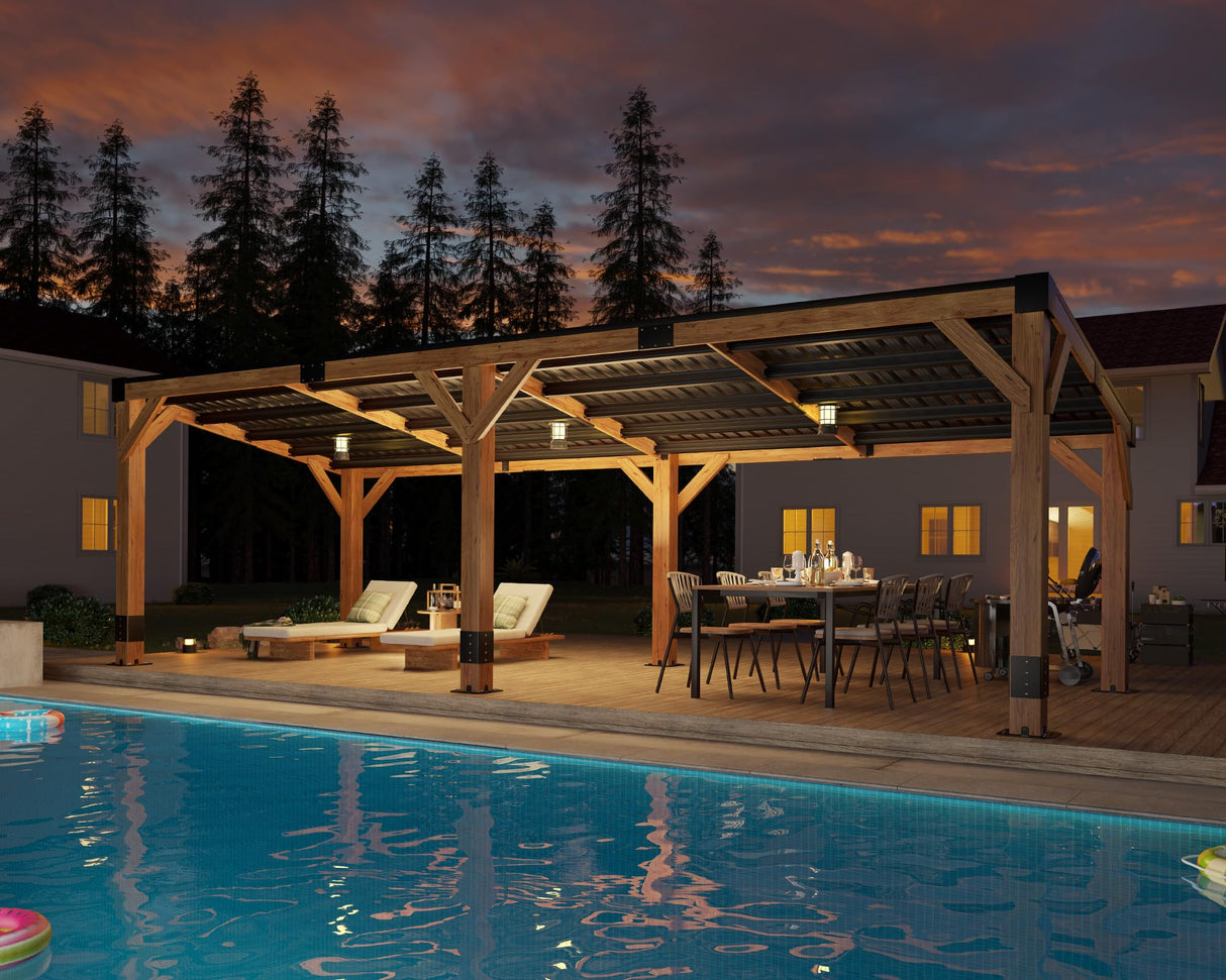 AMERLIFE 10 x 20 FT Solid Wood Gazebo with Metal Hardtop, Large Outdoor Grill Canopy with Sloped Roof, Heavy Duty Pergola for Patio, Backyard, Garden, Natural Spruce AMERLIFE