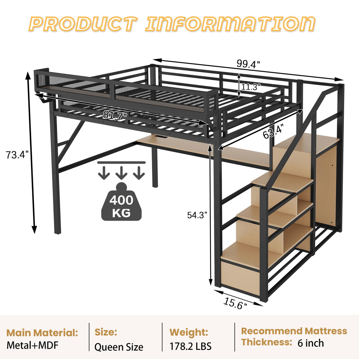 Mirightone Queen Size Loft Bed with Desk & Stairs, Heavy-Duty Metal Loft Beds with LED and Charging Station, High Loft Bed Frame with Wardrobe for Boys Girls and Teens, No Box Spring Needed (Black) Mirightone