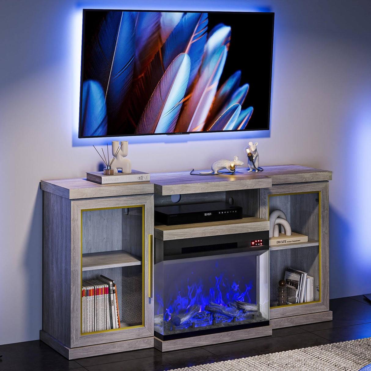 BELLEZE 57" TV Stand with 23" Electric Fireplace Heater with Sound, Entertainment Center for TVs Up to 65", Glass Door Storage Cabinet with 3-Side Glass Display Fireplace for Living Room, Bedroom-Grey BELLEZE