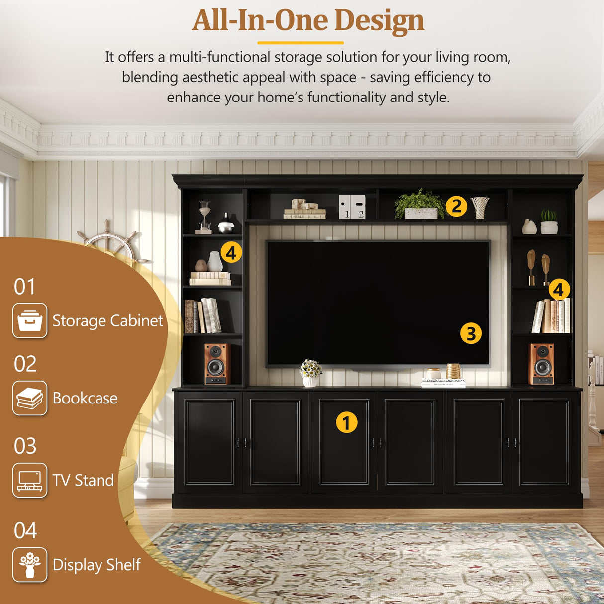 SOFTSEA 4-Piece Wall Unit Entertainment Center with Bookshelves for TVs up to 70", Modern TV Stand with 6 Doors & Adjustable Shelves, Large Media Center with Display Cabinet for Living Room, Black SOFTSEA