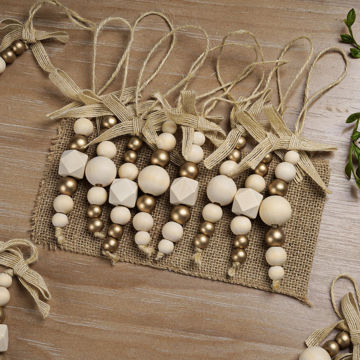 OurWarm 24Pcs Wooden Beads Christmas Tree Ornaments Wood Beads, Boho Christmas Decor Christmas Tree Beads with Gold Beads & Bowknot, Farmhouse Christmas Tree Decorations for Christmas Tree Decor OurWarm