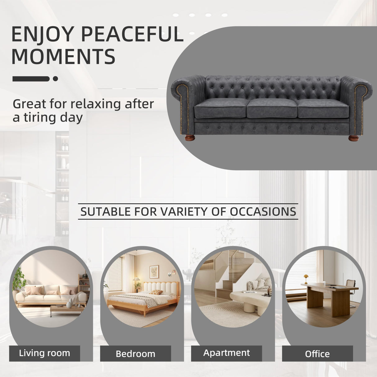 N NOORDENIYA Chesterfield Leather Sofa, 89" Mid Century Modern Couch with Low Back, Roll Arm Nailhead Trim Classic 3 Seater Couch for Living Room, Office, Apartment, Faux Leather Dark Grey N NOORDENIYA