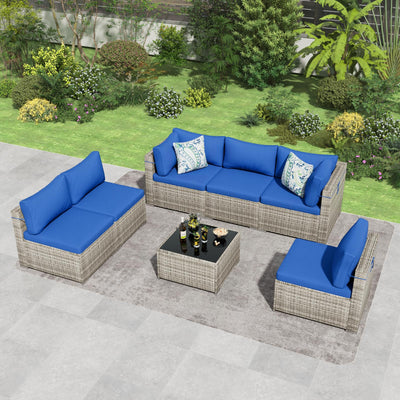 Tradare 7 Piece Patio Furniture Set, Outdoor Wicker Patio Sofa Set, PE Rattan Sectional Couch with Glass Table and Blue Cushions, All-Weather 7 Piece Outdoor Patio Furniture Sets, Grey