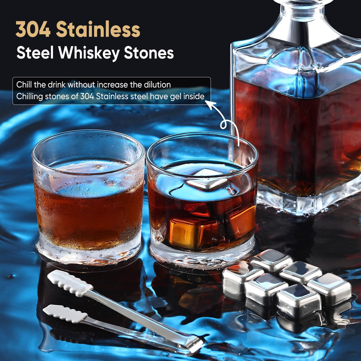 LUSKEYCOR Whiskey Decanter Set with Wooden Crate, Lion Whiskey Decanter 25.4 oz and 2 Glasses 10 oz with 304 Stainless Steel Whiskey Stones, Slate Coasters, Tongs, Gift for Men husband Dad Wedding Luskeycor