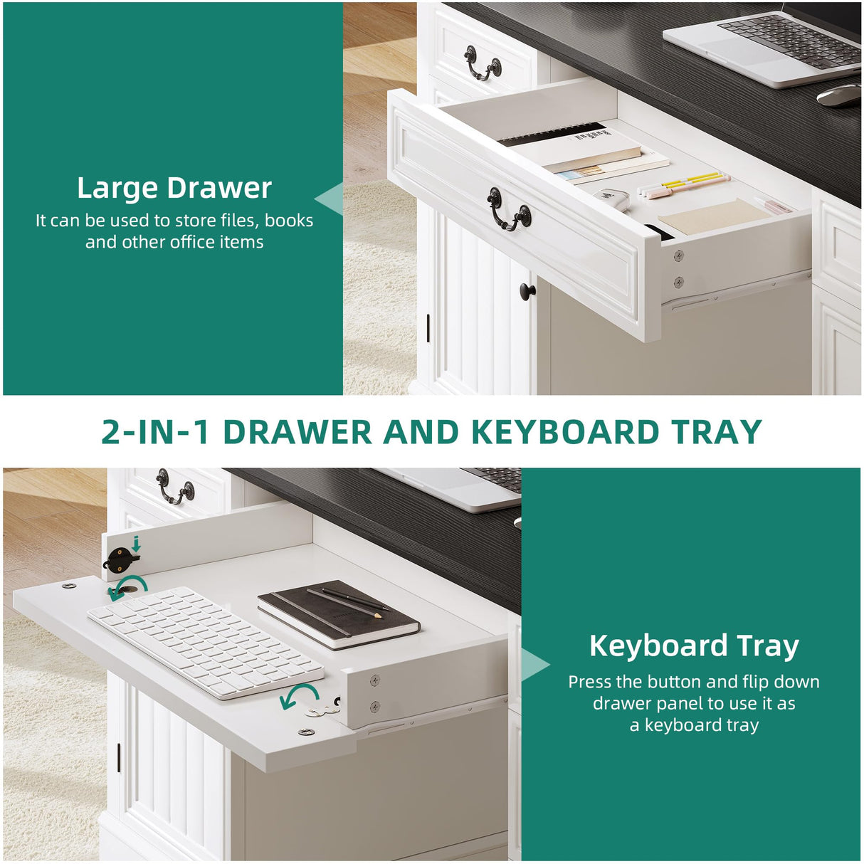 YITAHOME Executive Desk with Power Outlets, 59" Farmhouse Computer Desk with Drawers, Wood Office Desk with Storage Cabinet, Keyboard Tray, Workstation for Home Office, Black & Off White YITAHOME