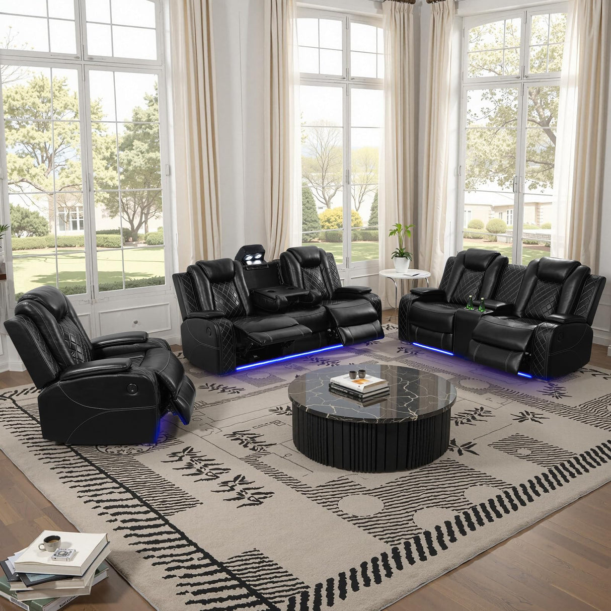 JBXBER Power Recliner Sofa Set with LED Lights, Power Reclining Sofa Set with Cup Holder, Storage Console, Faux Leather Couch for Home Theater Seating(Sofa, Loveseat and Chair,Black) JBXBER