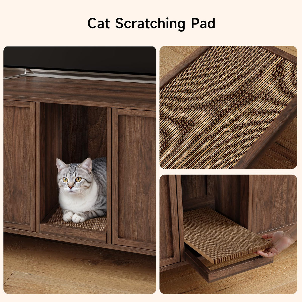 59 Inches Cat Litter Box Enclosure for 2 Cats, Hidden Litter Boxes Furniture with Cat Scratch Pad, Large Indoor Pet House with Double Room, Wooden TV Stand Side Table, Walnut ONBRILL