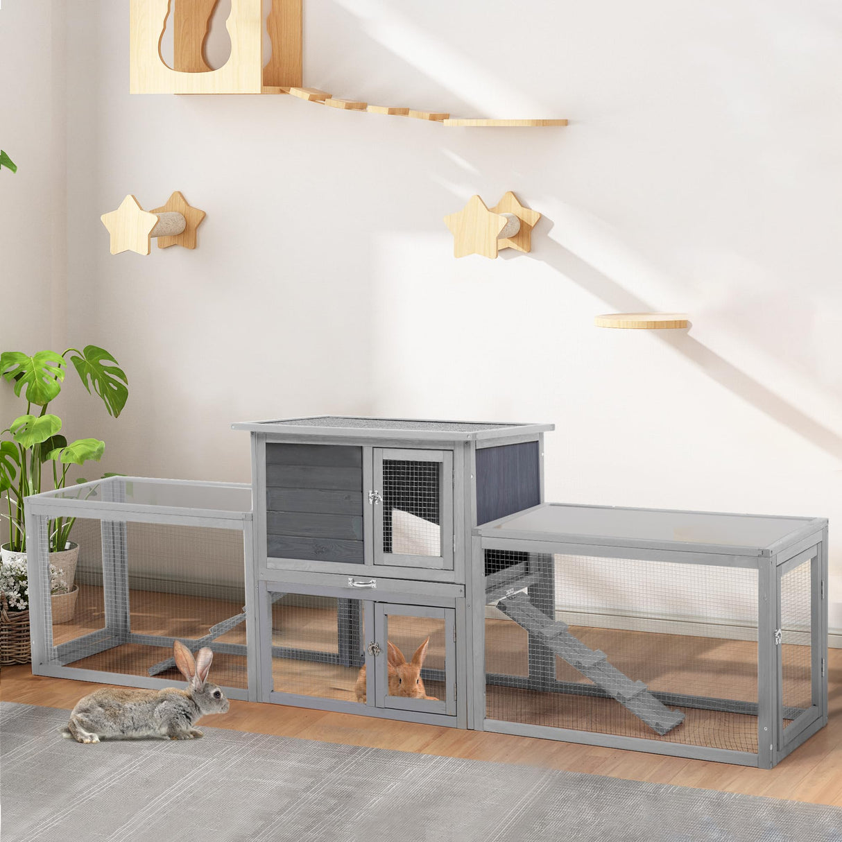 COZIWOW Rabbit Hutch Outdoor, 94.5" Extra Large Bunny Hutch, 2-Story Wooden Rabbit Cage Indoor for 2 or More Bunnies with Pull-Out Tray & Weatherproof Roofs (Grey) COZIWOW