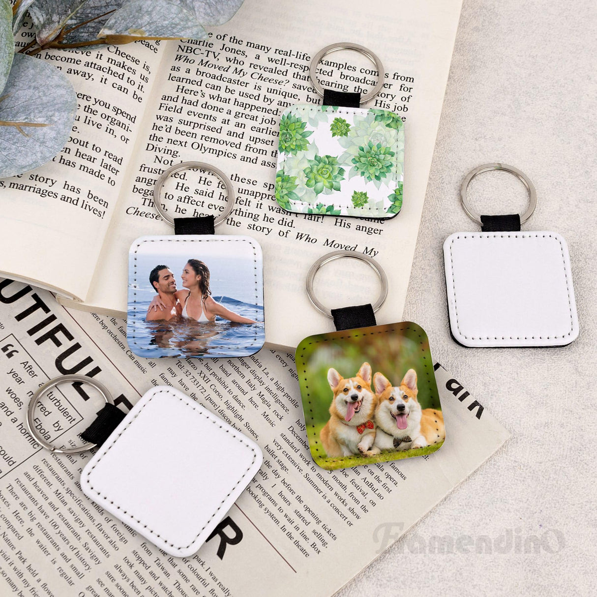 Framendino, 8 Pack Sublimation Blanks Keychain PU Leather Keychains Heat Transfer Key rings Square Key Chains for DIY Craft Framendino