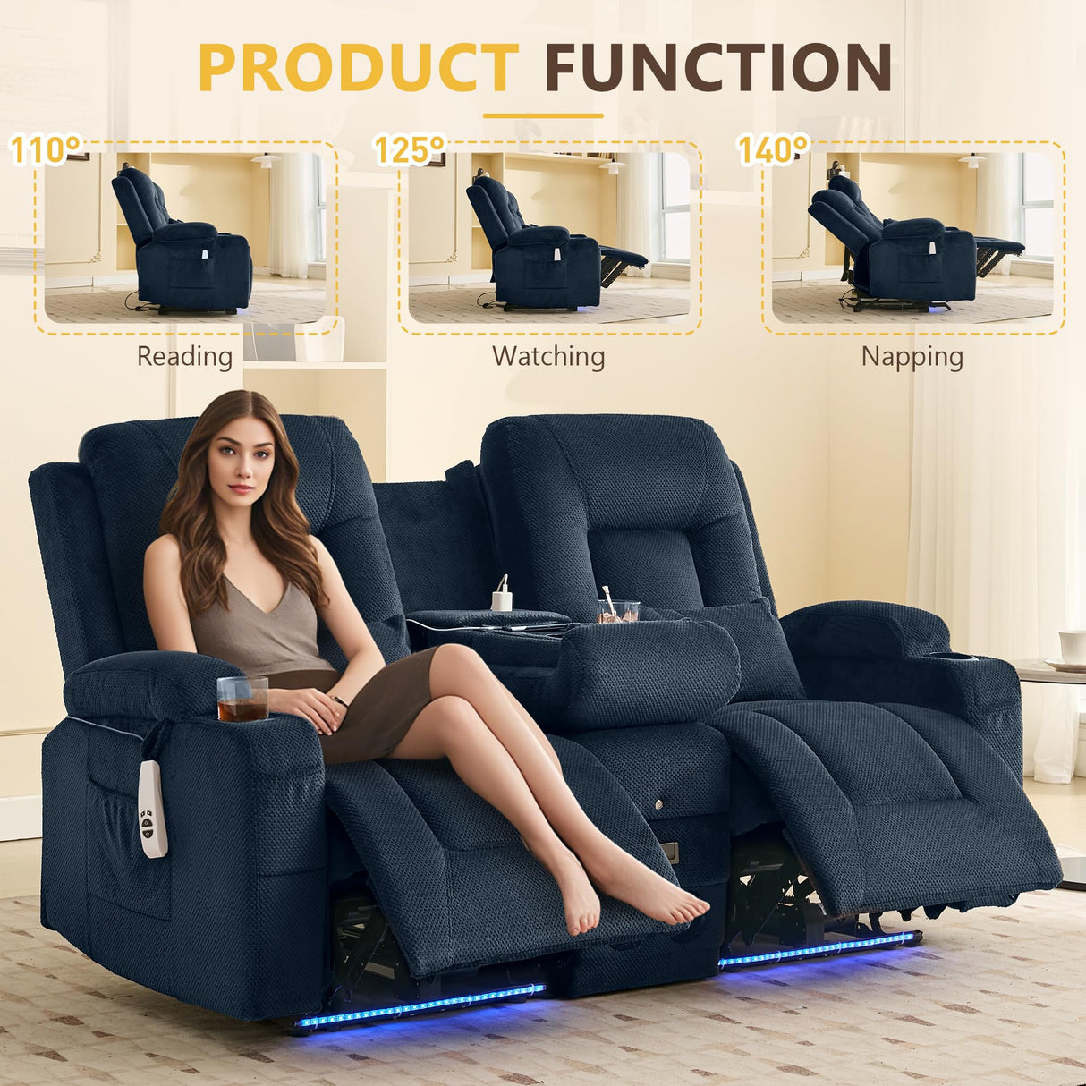 URRED Power Loveseat Recliner Sofa with Flipped Backrest Console, Wall Hugger RV Reclining Loveseat Sofa Couch with LED Light/Bluetooth Speakers/USB/Outlets/Cup Holders/Pillow/Side Pocket, Blue URRED
