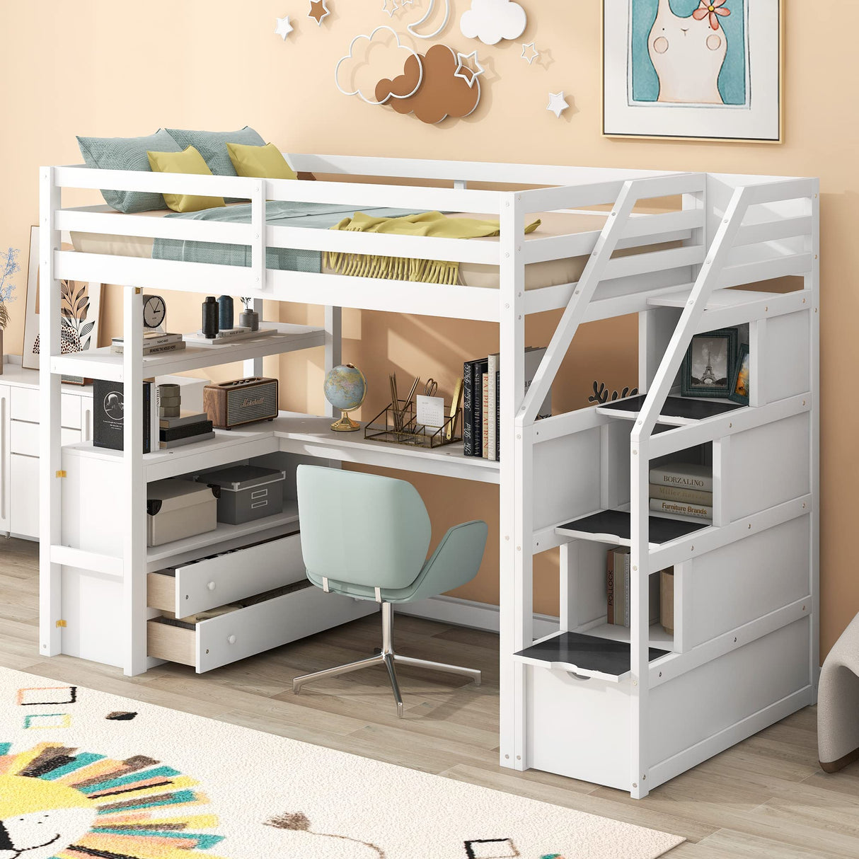 White Twin Loft Bed with Stairs, Desk, and Storage by Harper & Bright Designs Harper & Bright Designs
