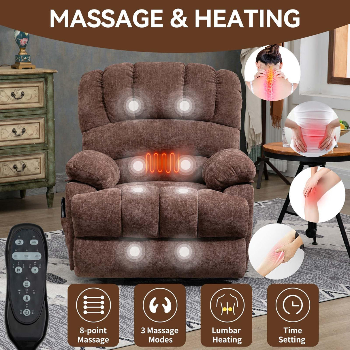 Large Power Lift Recliner Chairs with Massage and Heat for Elderly, Heavy Duty and Safety Motion Reclining Mechanism Chenille Skid Fabric Recliner Chair with USB Ports for Living Room (Dark Brown) MTSVMP