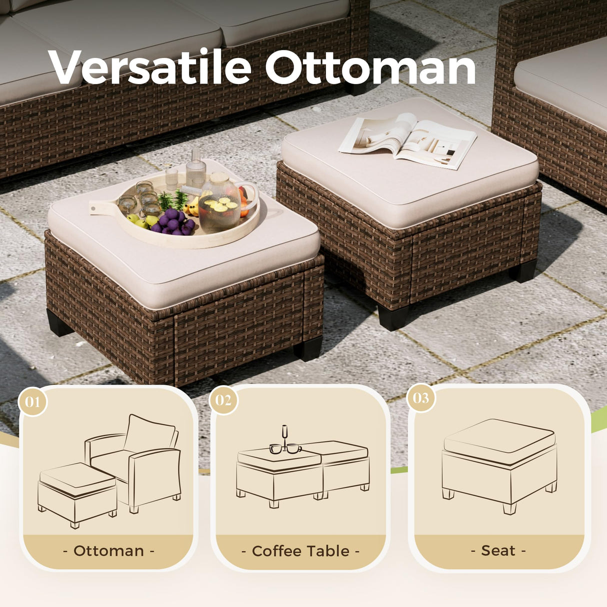 MIXPATIO Patio Furniture Set, 6 Pcs Wicker Outdoor Conversation Set, 2 x Single Chairs, 1 x 3 Seater Sofa and 2 x Ottoman with 4" Thick Cushion and 56" Fire Pit Table, Beige MIXPATIO