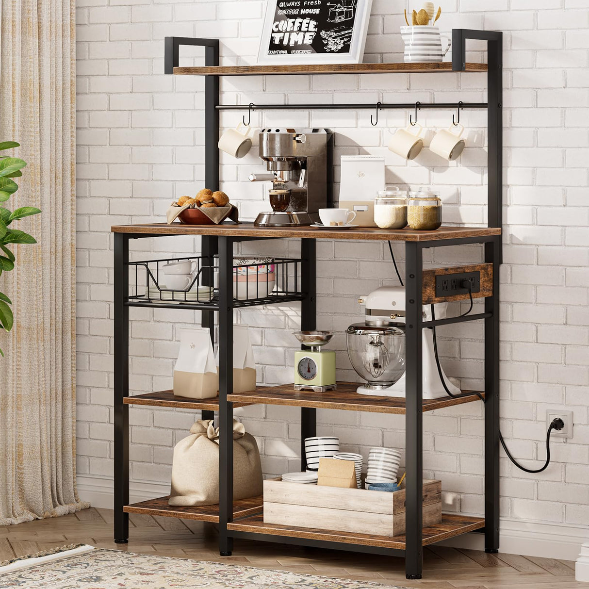 HOOBRO Rustic Brown Bakers Rack with Power Outlet and Storage Solutions HOOBRO