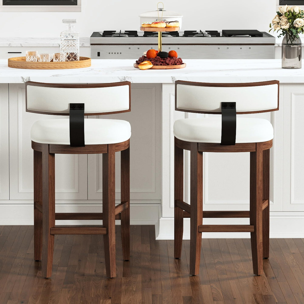 DM Furniture Leather Bar Stools Set of 2, 26.5" White Upholstered Counter Height Barstools, Farmhouse Island Countertop Bar Chairs with Curved Backrest/Hardwood Frame for Kitchen Island Dining Room DM Furniture