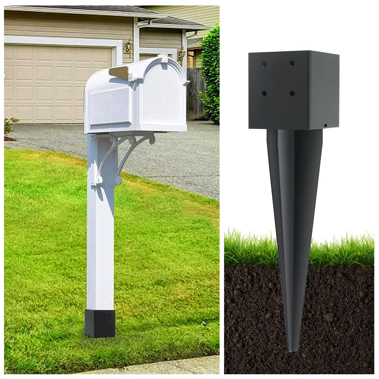 POSTYBAY 2 Pcs 4"x4" Fence Post Anchor Ground Spike 16"(Actual 3.6"x3.6") Heavy Duty Metal Fence Post Anchor with Black Powder-Coated for Deck,Fence,Porch,Railing,Mailbox POSTYBAY