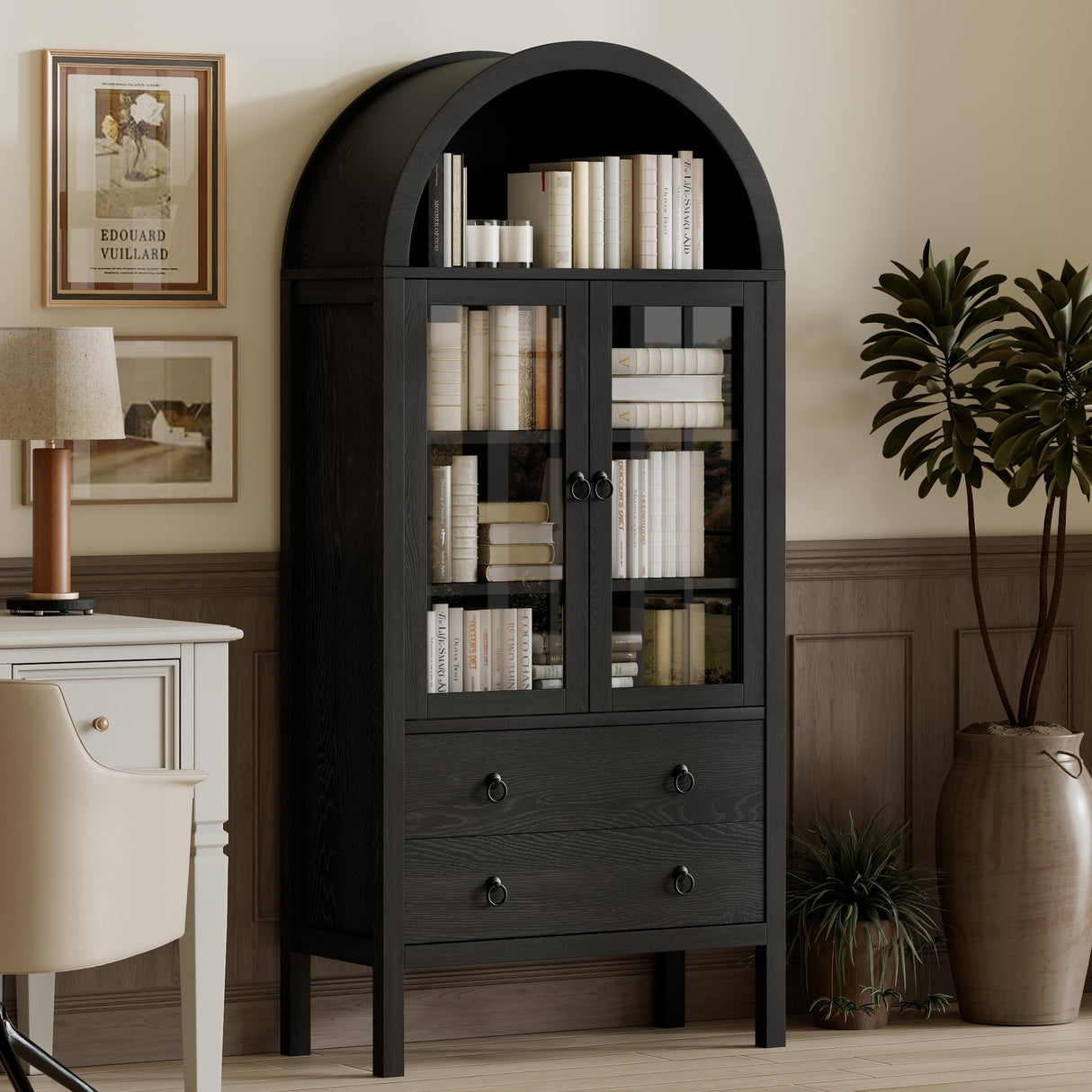 71'' Tall Arched Cabinet - Wood Kitchen Pantry, Farmhouse Arch Display Bookcase Hutch with 2 Large Drawers & Adjustable Shelves, Versatile Storage Furniture for Living Room Dining Room Bathroom, Black MECHYIN