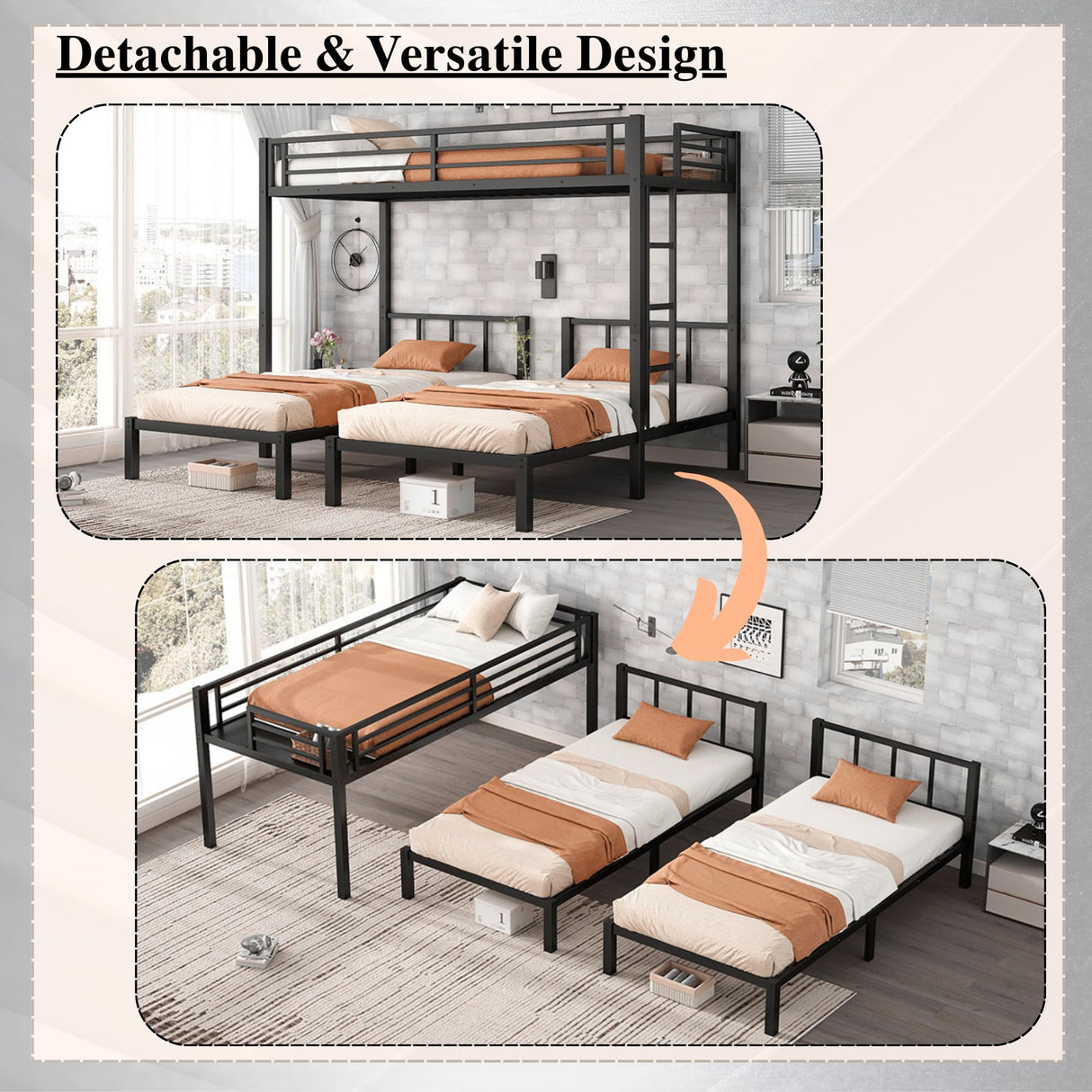 Bellemave Triple Bunk Bed for Kids, Detachable Metal Twin Over Twin Over Twin Bunk Bed with Guardrails, Built-in Ladder, Shelf, Converts to 3 Separate Twin Beds, Easy Assembly (Black) Bellemave